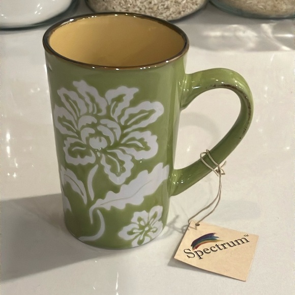 Floral boho tea cup / Mug NWT green / white ceramic - Picture 1 of 9